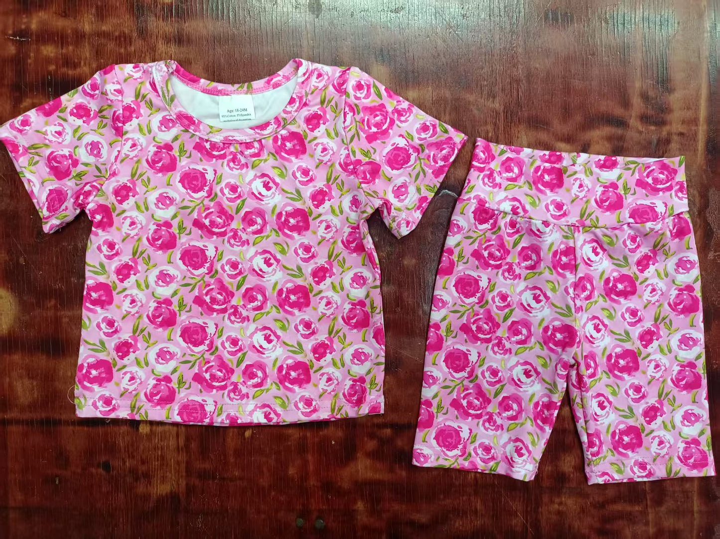 Custom moq 3 eta 6-7weeks baby girls clothes floral pink short sleeve shorts sets-25.5.9