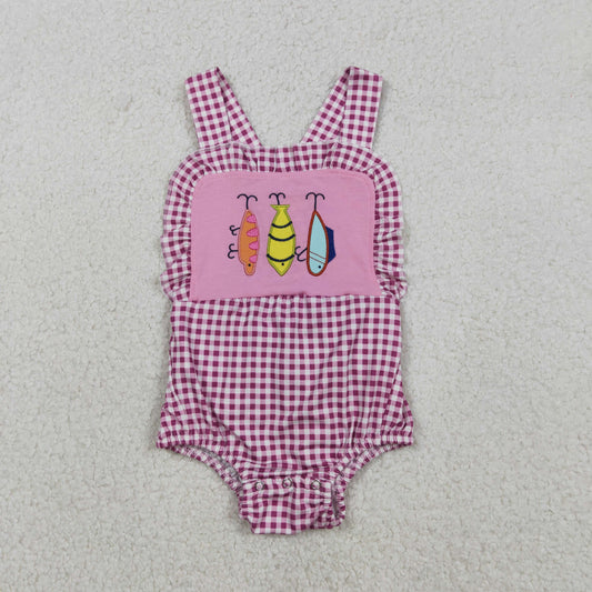 RTS NO MOQ（In Stock) Embroidered Fishing Bait Rose Red Plaid Vest Jumpsuit