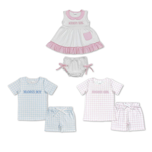 RTS NO MOQ  Letter Plaid Boys and Girls Short Sleeve Shorts Set & Thong Set
