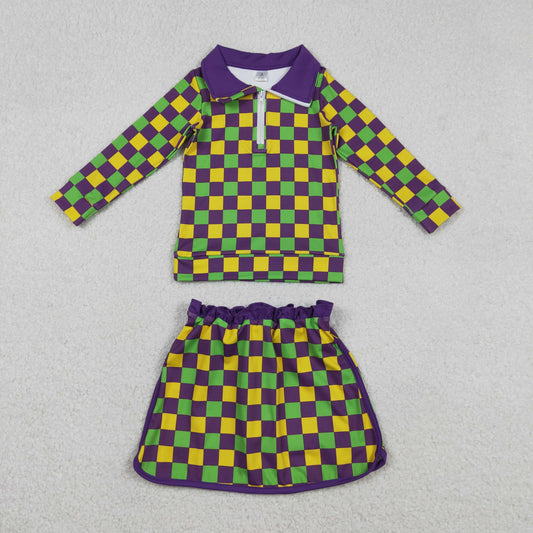 RTS NO MOQ（In Stock ) Carnival Colorful Check Zipper Long-Sleeved Skirt Yoga Set
