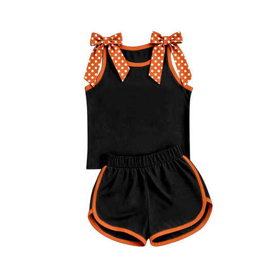 custom moq 5 mix size Baby Girls Polka Dots Orange Bow Sleeveless Black Top Shorts Summer Solid Color Set