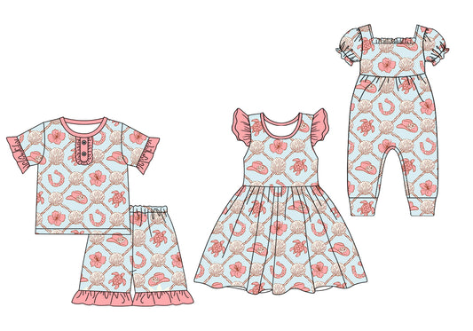 2.10 custom each style moq 5eta 4-6week Sibling Sisters floral baby girl short sleeve shorts sets and dress and rompers match family design