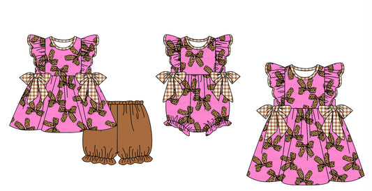 12.4 custom each style moq 5eta 4-6week Sibling Sister leopard bow baby girl short sleeve shorts sets and dress and rompers match family design