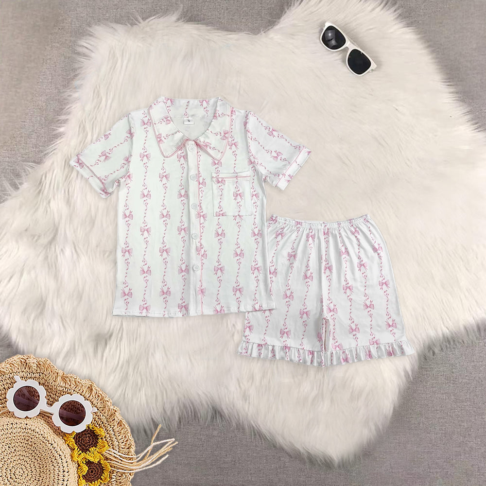 RTS NO MOQ Adult Girls bow Short Sleeve Shorts Pajama Set & kids shorts sets