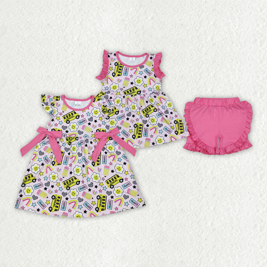 RTS NO MOQ baby Girls Clothes back to school short sleeve shorts Sets and dress