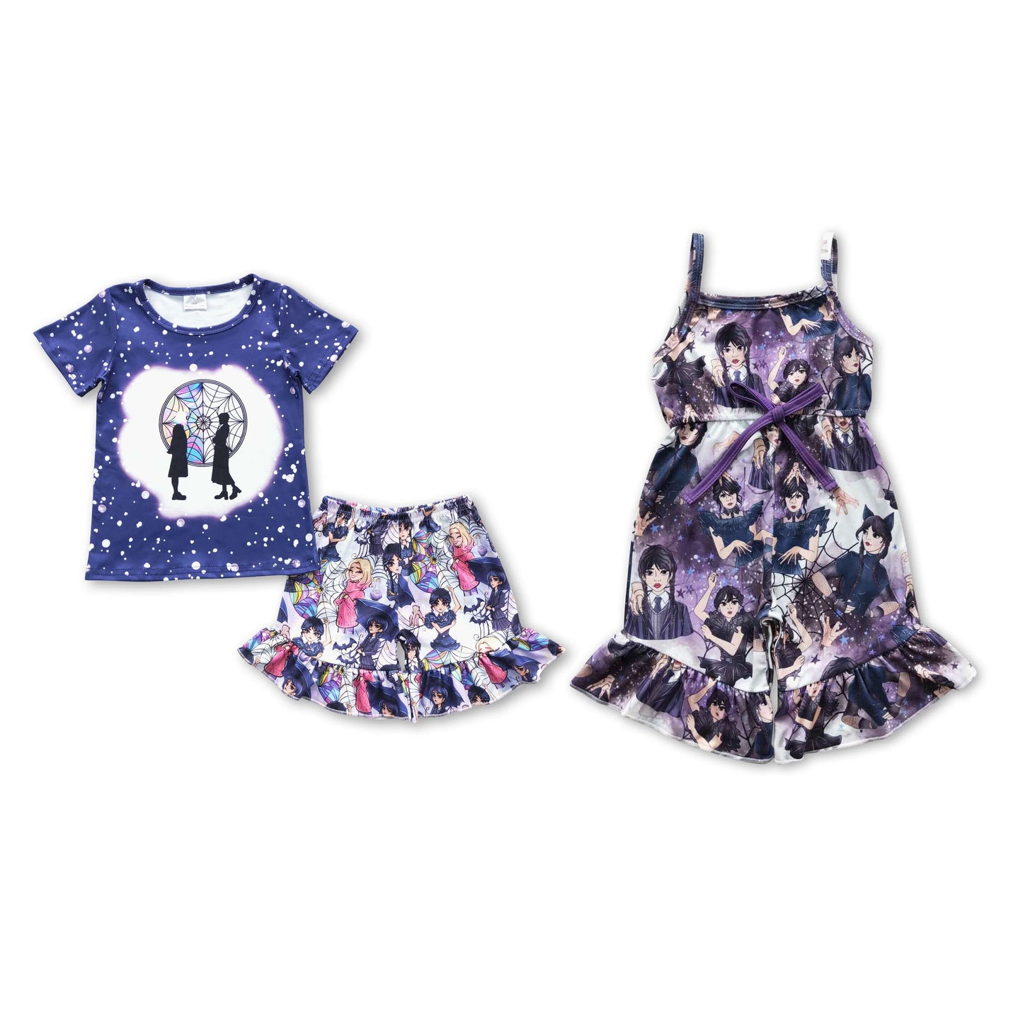 RTS NO MOQ SR0362 GSSO0296  Preppy style anime catwoman pattern purple short-sleeved shorts set & overalls