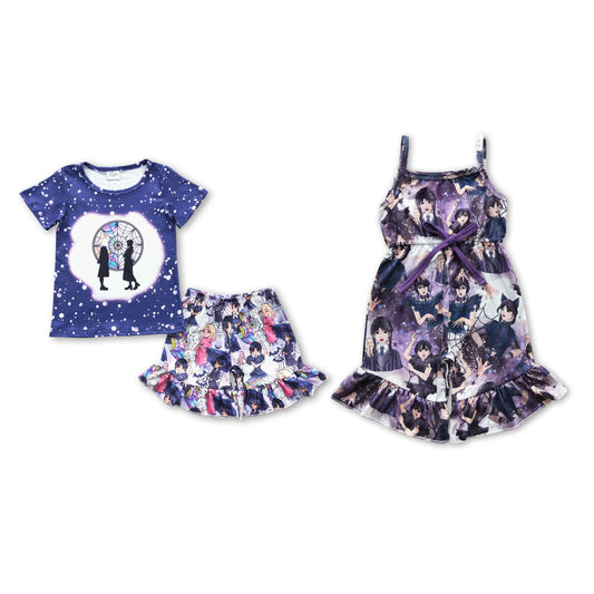 RTS NO MOQ SR0362 GSSO0296  Preppy style anime catwoman pattern purple short-sleeved shorts set & overalls