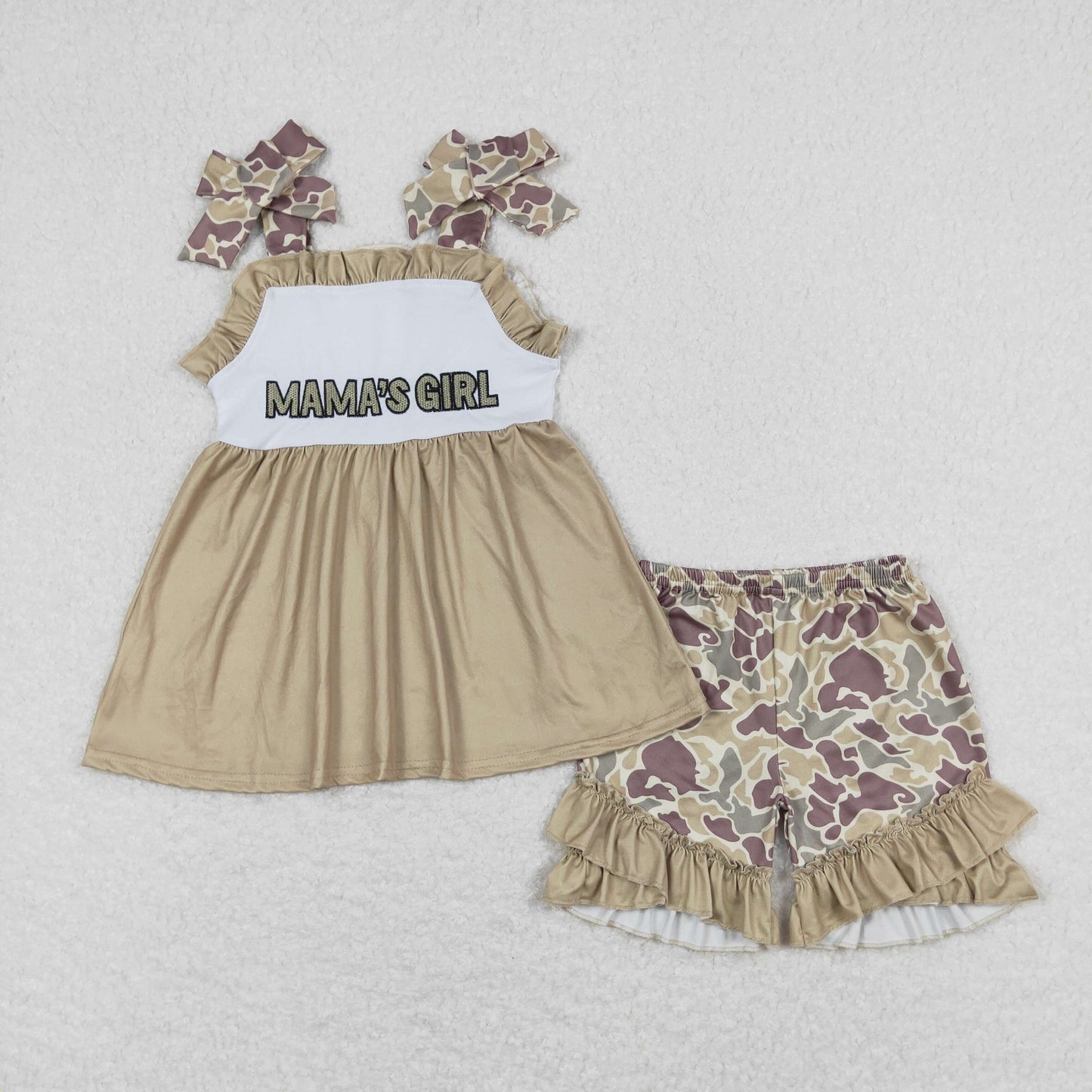 RTS NO MOQ（In Stock) GSSO0593 mama's girl embroidered camouflage lettering army green suspender shorts suit