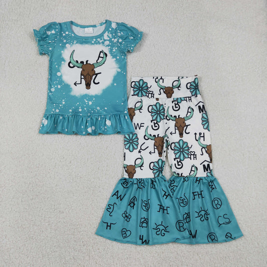 RTS NO MOQ（In Stock) Alpine Bull Head Short-Sleeve Emerald Character Pants Set