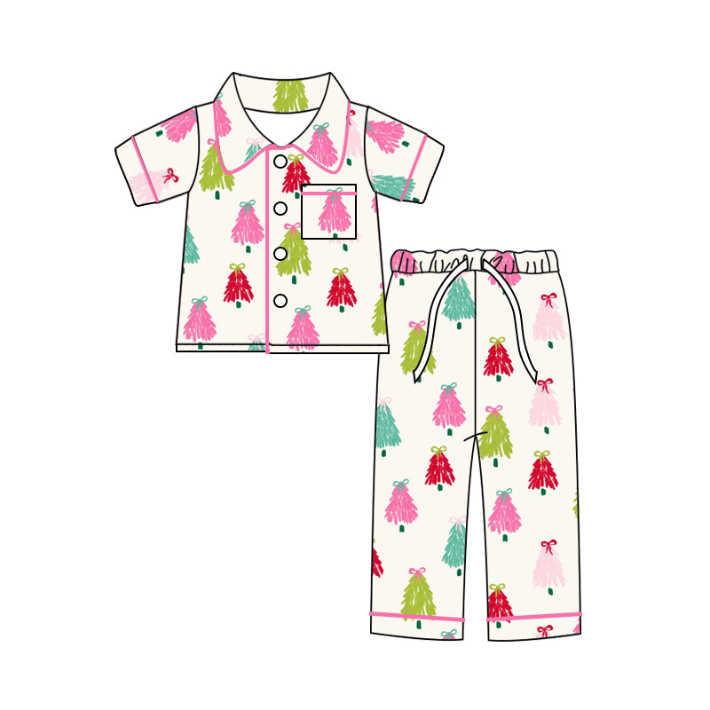 Deadline October 18 custom no moq eta 6-8weeks Pink Bow Christmas Tree Beige Button Short Sleeve Cardigan Pants Pajama Set