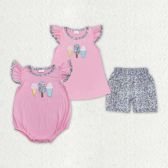RTS NO MOQ embroidery Baby Girls Popstick Flowers Sibling Sister Rompers Clothes Sets