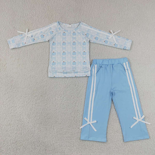 RTS NO MOQ milk silk GLP3351 Baby Girls Blue Bow Pumpkin Pocket Top Pants Holiday Set
