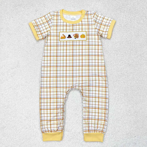 RTS NO MOQ Embroidered Thanksgiving Turkey Sibling Boys Rompers Outfits Sets Embroidered Thanksgiving Turkey