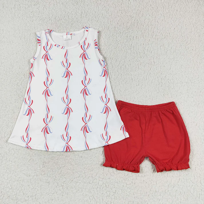 RTS NO MOQ Baby Girls 4th Of July Bows Sibling Rompers Dresses Clothes Sets