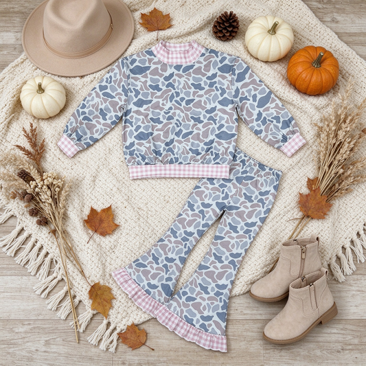 NEW RTS NO MOQ milk silk GT1874+P1185 High Neck Baby Girls Grey Camo Choker Top Ruffle Flare Pant Set