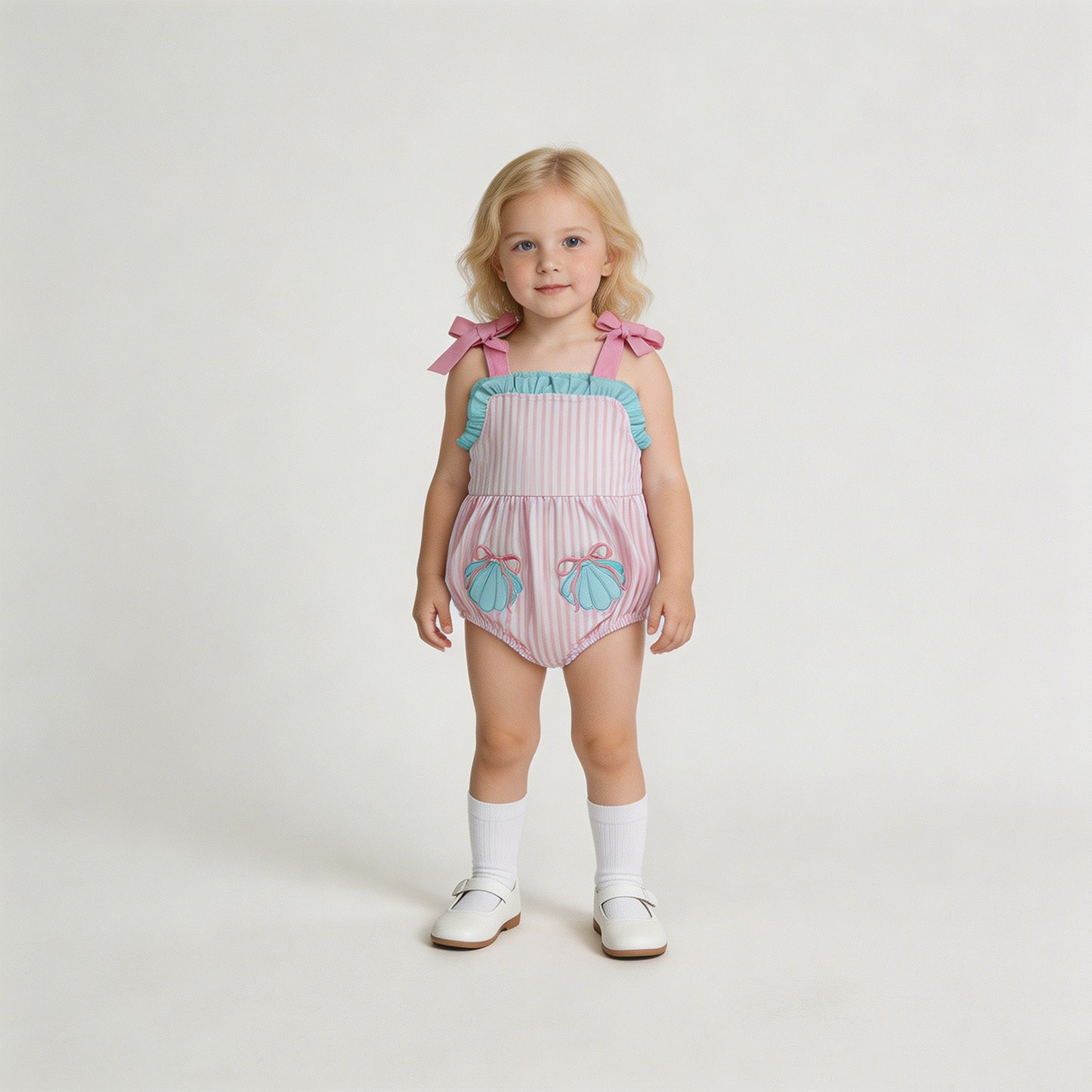RTS NO MOQ milk silk SR4127 Baby Girls Cute Shell Embroidery Pockets Pink Stripe Strap Ruffle Rompers