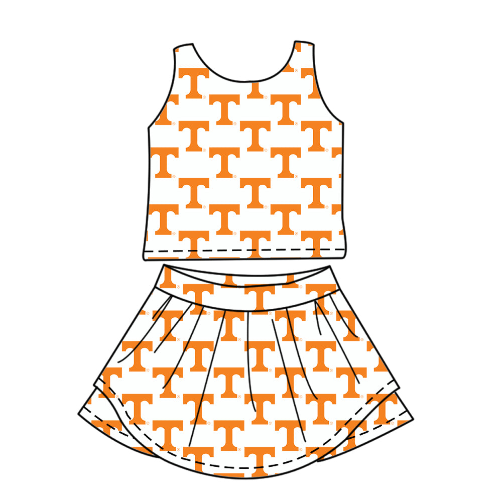 Custom moq 5 mix size milk silk summer teams baby girls clothes team orange sleeveless skirts sets and dress and short sleeve top and long top-25.7.12