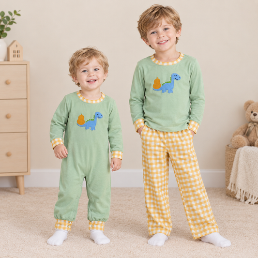 RTS NO MOQ Sibling milk silk Embroidery Baby Boys Dinosaur Pumpkin Gingham Trim Romper and Long Sleeve Top Plaid Pants Set