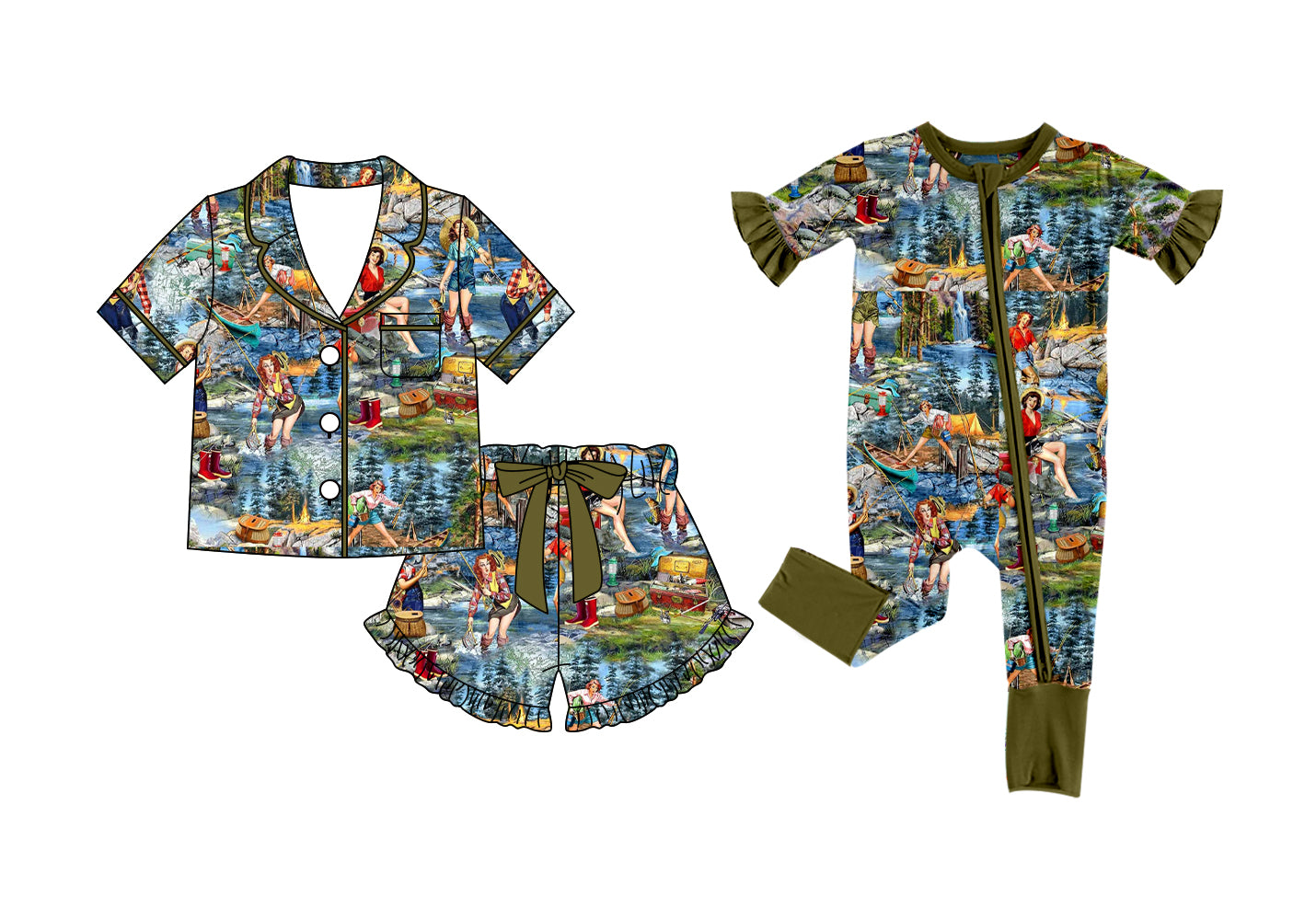 Custom moq 5 mix size Sibling Dark green Short-Sleeved Pajamas And Shorts Set Romper for Baby Girls Comfortable Sleepwear