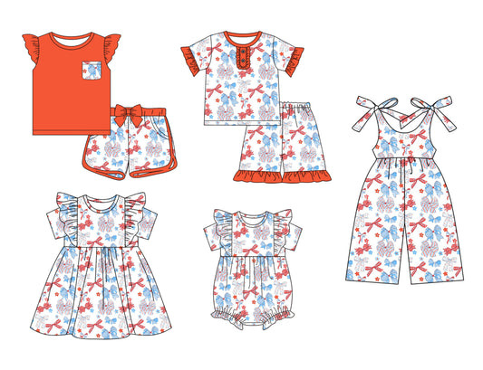 12.25 custom each style moq 5eta 4-6week Sibling Sister bow baby girl short sleeve shorts sets and sets 2 and girls romper and dress and jumpsuit match design