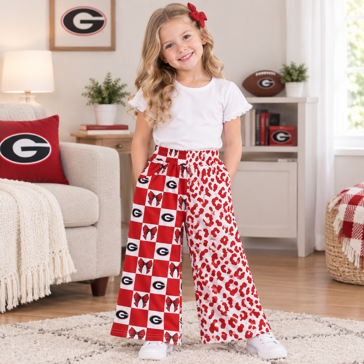 NEW RTS NO MOQ milk silk P1126 Baby Girls Bows Checked Leopard Team Pockets Straight Casual Pants