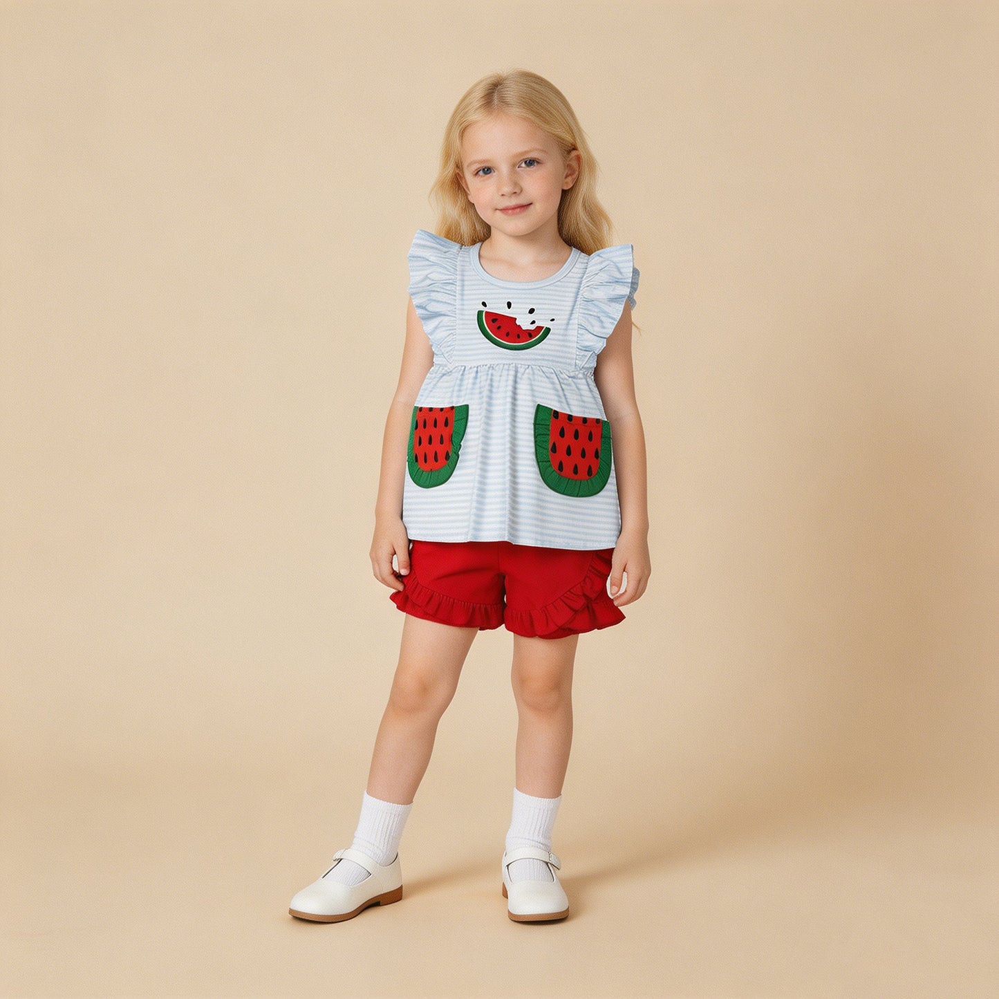 RTS NO MOQ milk silk GSSO3636 Embroidery Watermelon Baby Girls Blue Stripe Pocket Ruffle Short Suits