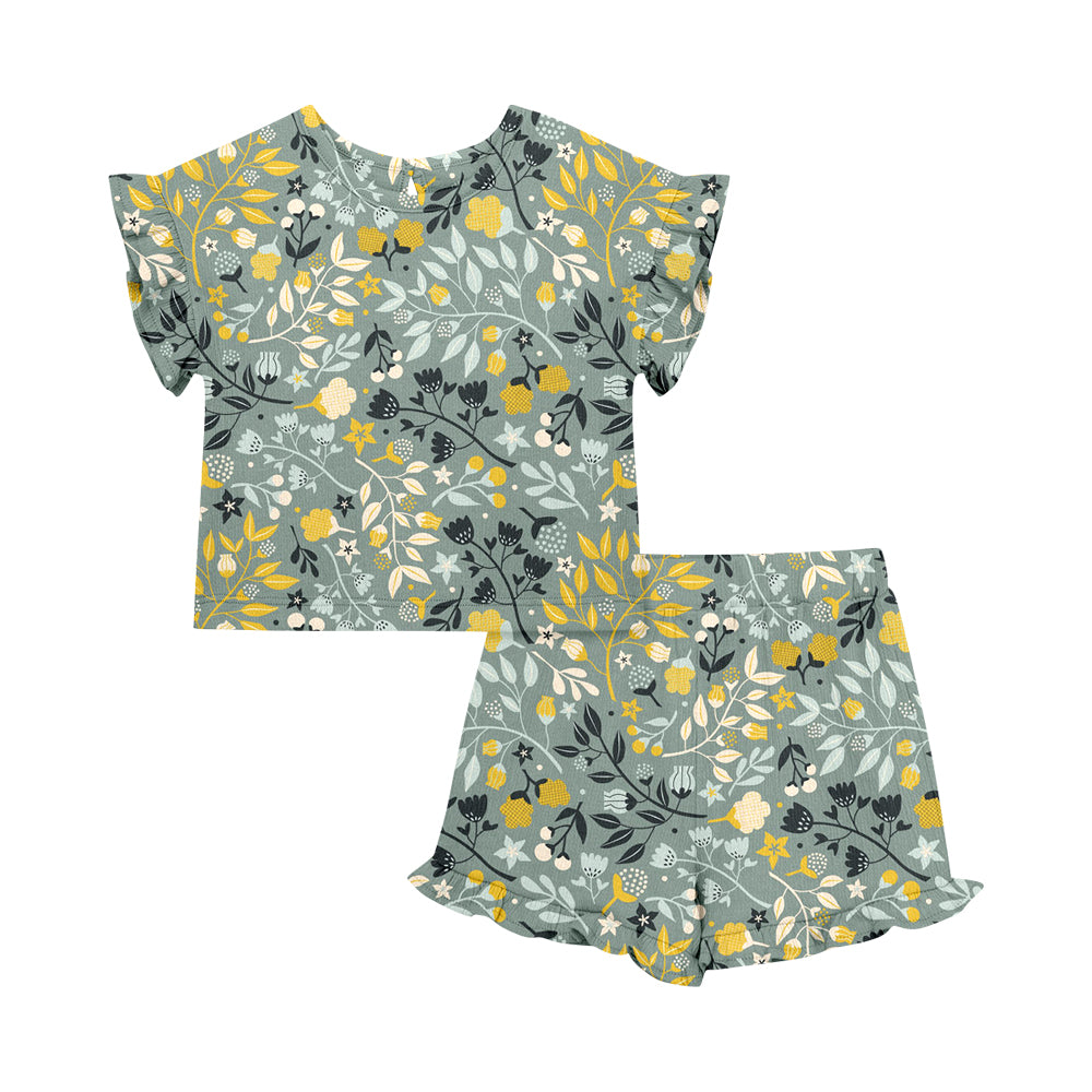 Custom moq 5 mix size Baby Girl's Floral Print Green Short-Sleeved Top And Shorts Set Cute Outfit