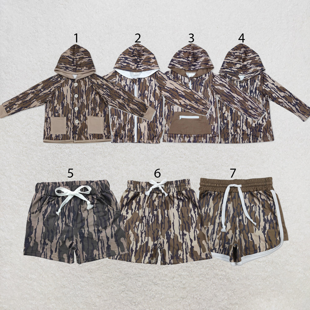 RTS NO MOQ Sibling milk silk Baby Boys Camo Hoodie Top Pocket Shorts Casual Outfit
