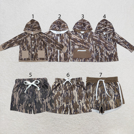 RTS NO MOQ Sibling milk silk Baby Boys Camo Hoodie Top Pocket Shorts Casual Outfit