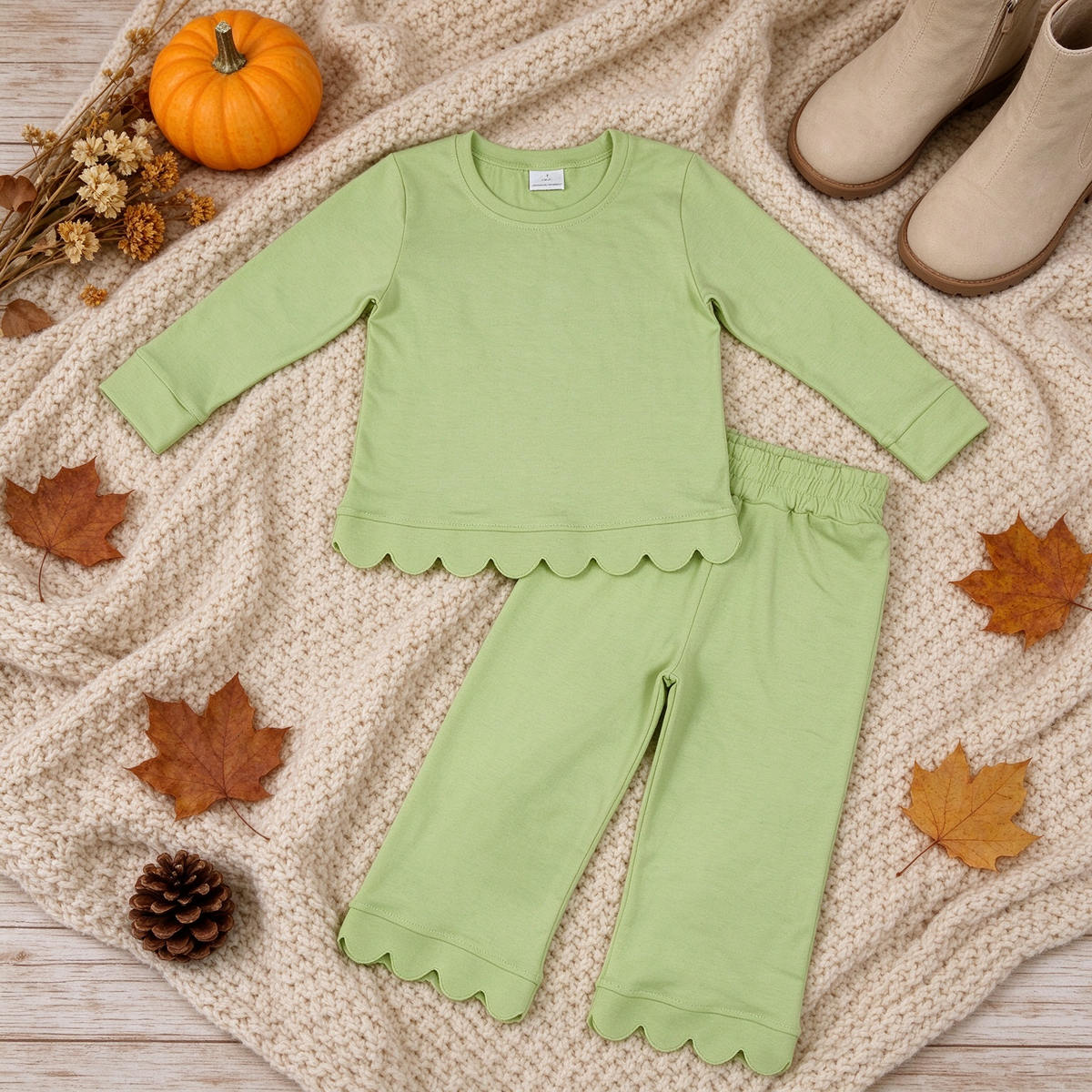 NEW RTS NO MOQ cotton GLP3296 Baby Girls Green Scallop Trim Long Sleeve Top And Pants Pajama Set