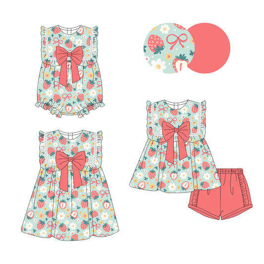3.29 custom each style moq 5eta 4-6week Sibling Sisters strawberry bow baby girl short sleeve shorts sets and dress and rompers match family design