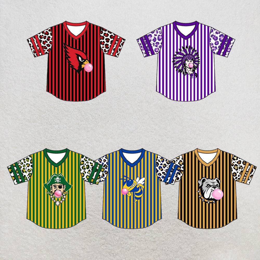 custom moq 5 mix size XY071709 Baby Kids Leopard Print Patchwork Striped Short Sleeve Team Top