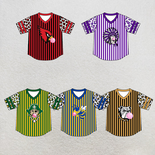 custom moq 5 mix size XY071709 Baby Kids Leopard Print Patchwork Striped Short Sleeve Team Top
