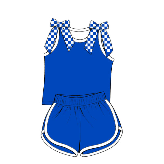 custom moq 5 mix size Baby Girls Blue White Checked Bow Sleeveless Top Shorts Summer Casual Outfit Set