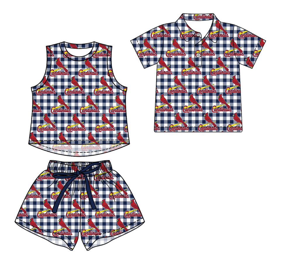 Custom moq 5 mix size milk silk summer teams Navy Blue Checked Girls Sleeveless Top And Short Sets Boys Short Sleeve Button Polo Shirt Top
