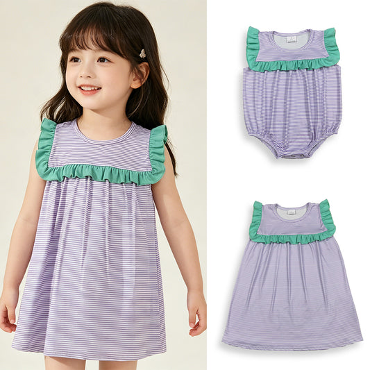 RTS NO MOQ Sibling Baby Girls Sleeveless Purple Stripe Knee Length Ruffle Dress Rompers for Toddlers