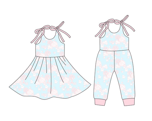 Custom moq 5 mix size Sibling Blue Sleeveless Dress Romper for Baby Girl Infant Summer Outfit Casual Comfortable Clothing