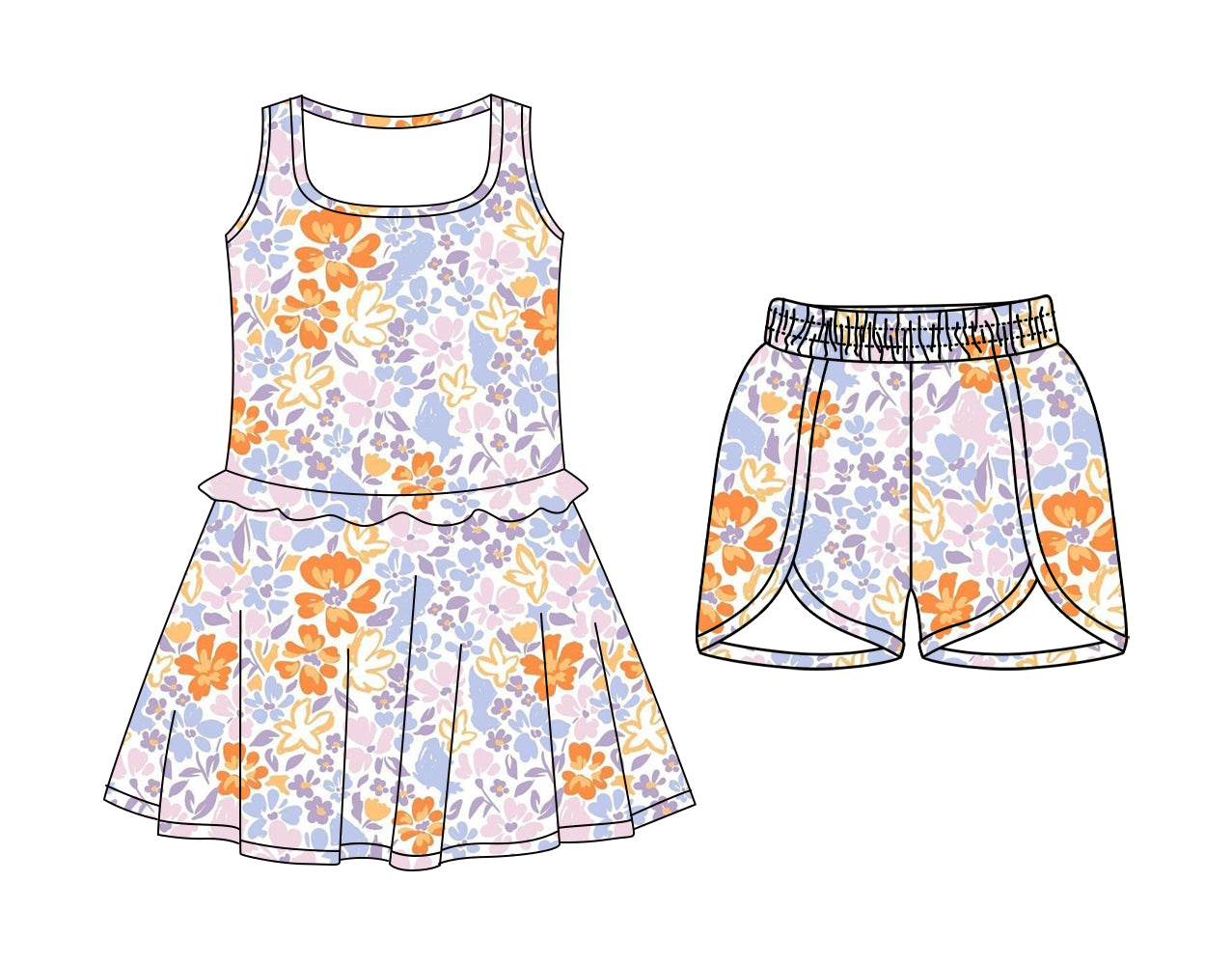 Custom moq 5 mix size Baby Girls Purple Floral Print Sleeveless Dress with Elastic Waist Shorts