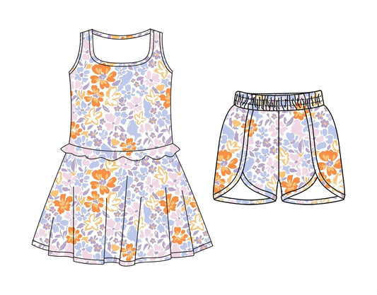 Custom moq 5 mix size Baby Girls Purple Floral Print Sleeveless Dress with Elastic Waist Shorts
