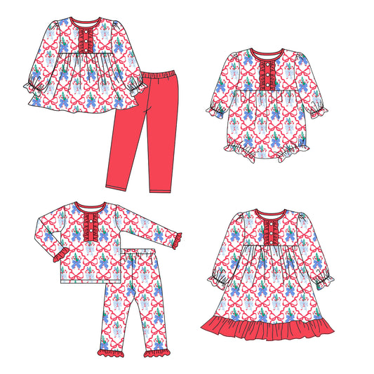 25.5.15 custom each style moq 5eta 4-6week Sibling Sisters Christmas bow baby girl long sleeve pants sets 1 and sets 2 and dress and romper match family design