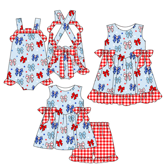 2.26 custom each style moq 5eta 4-6week Sibling Sisters bow baby girl short sleeve shorts sets and dress and rompers match family design