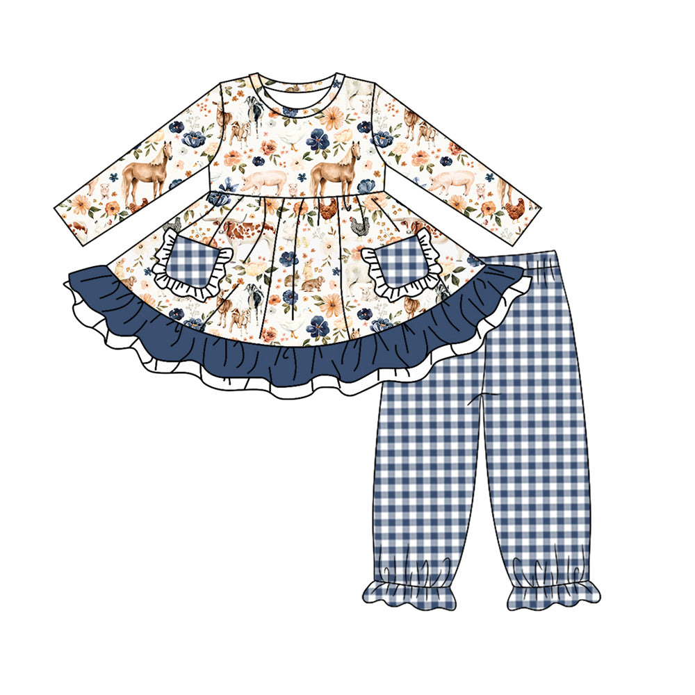 5.21custom each style moq 5eta 4-5week Sibling Sister Country style cow piglet chicken flower print blue and white plaid stripe pocket girls outfits and baby romper and dress match family design