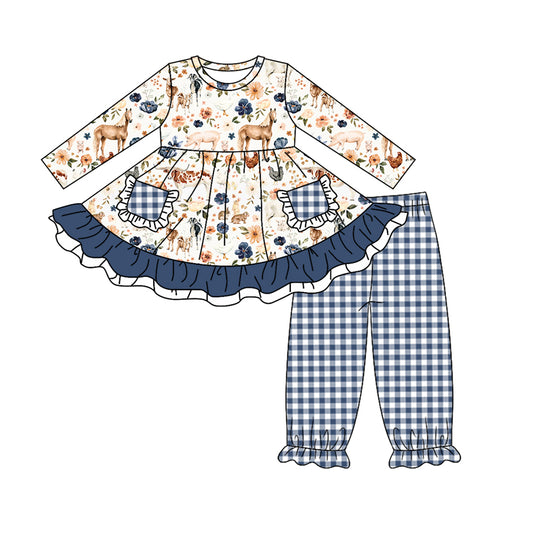 5.21custom each style moq 5eta 4-5week Sibling Sister Country style cow piglet chicken flower print blue and white plaid stripe pocket girls outfits and baby romper and dress match family design