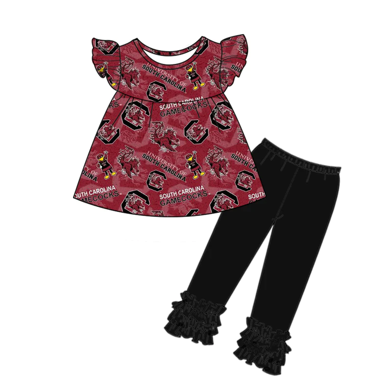 Custom moq 3 eta 6-8weeks Red letter C flying sleeve top-black pleated cake layer trousers with hem