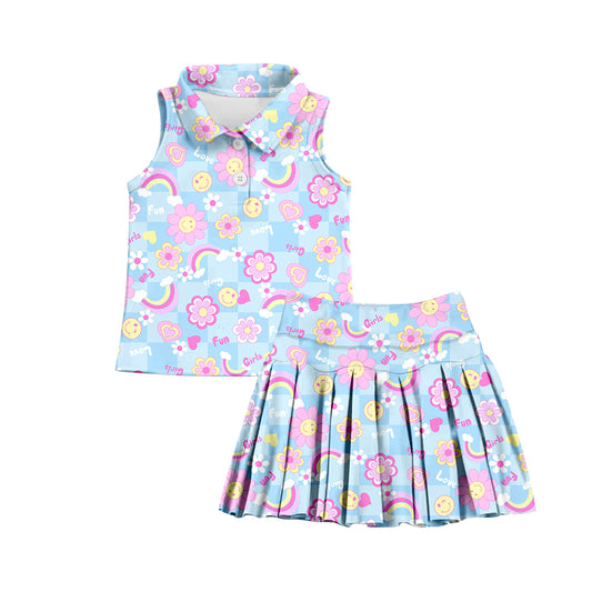 7.2 custom each style moq 5eta 4-6week smiley floral blue baby girls clothes Yoga Wear girls sets and sleeveless dress