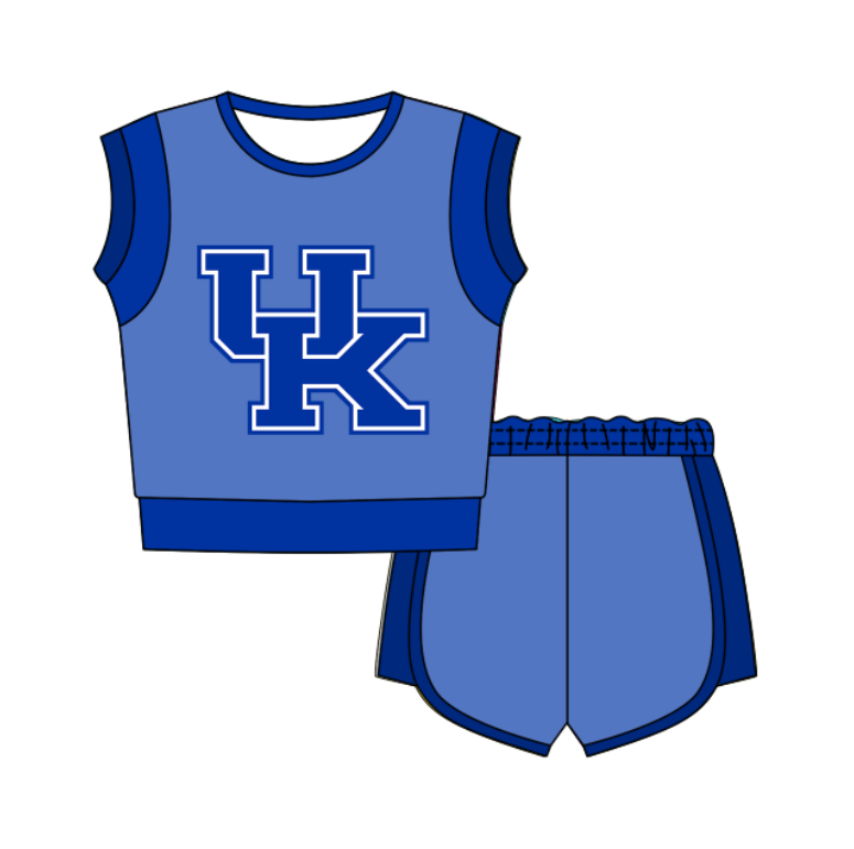 Custom moq 5 mix size milk silk summer teams Blue Sleeveless O-Neck Top And Shorts Set Cute And Comfortable Kids' Outfit