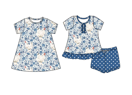 4.12 custom each style moq 5eta 4-6week Sibling Sister hen floral blue baby girl short sleeve shorts sets and dresses match design