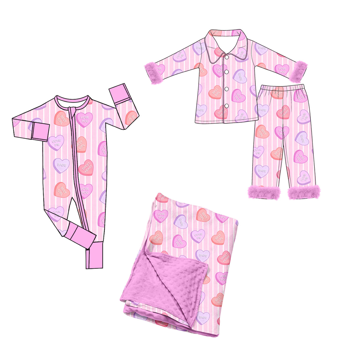 (Preorder new) No moq Baby Girls Pink Valentines Day Candy Heart Stripe Print Collared Button Down Pajama Set With Pink Fur Trim Cuff  Romper Blankets