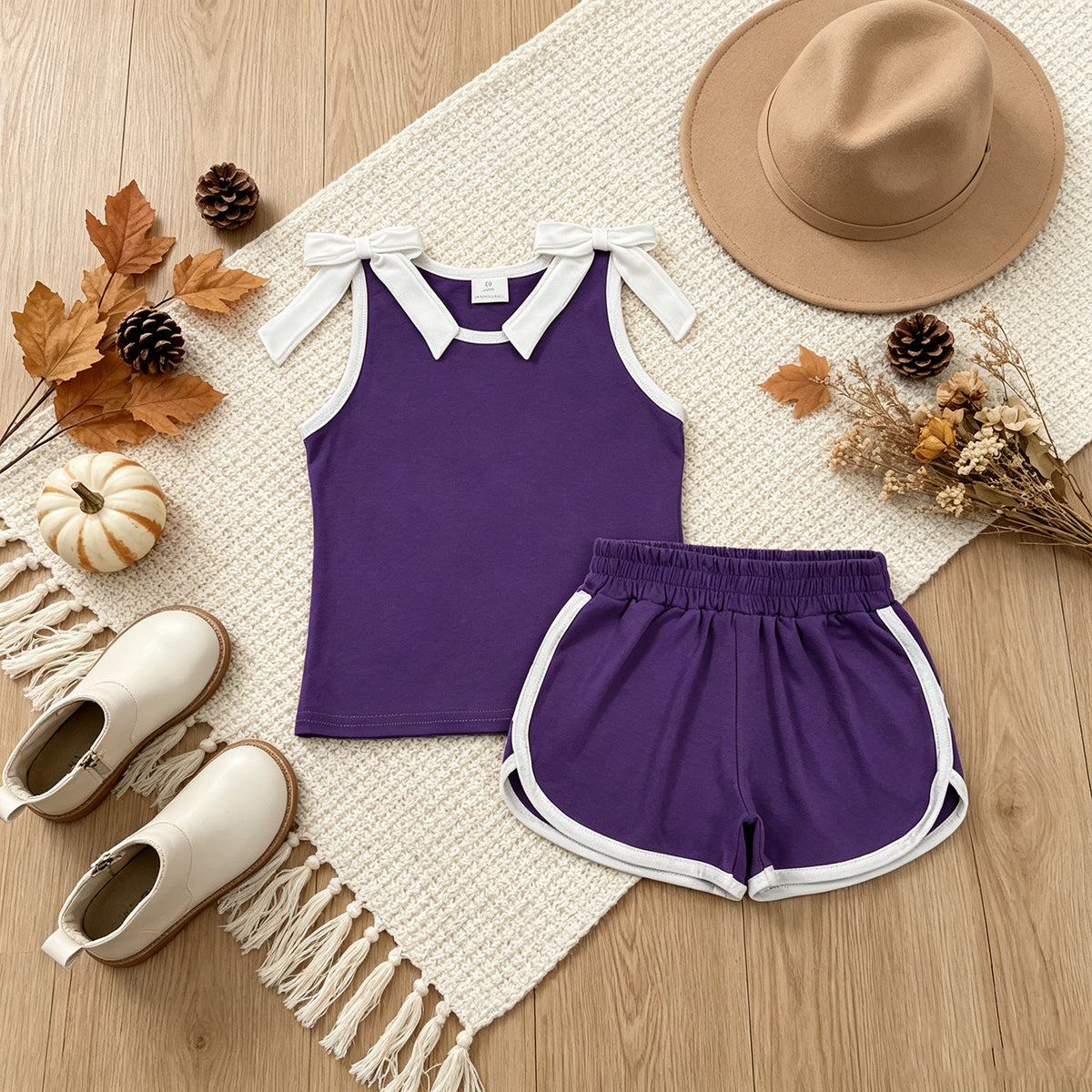 NEW RTS NO MOQ cotton GSSO3858 Baby Girls Purple White Bows Sleeveless Vest Top Short Sets