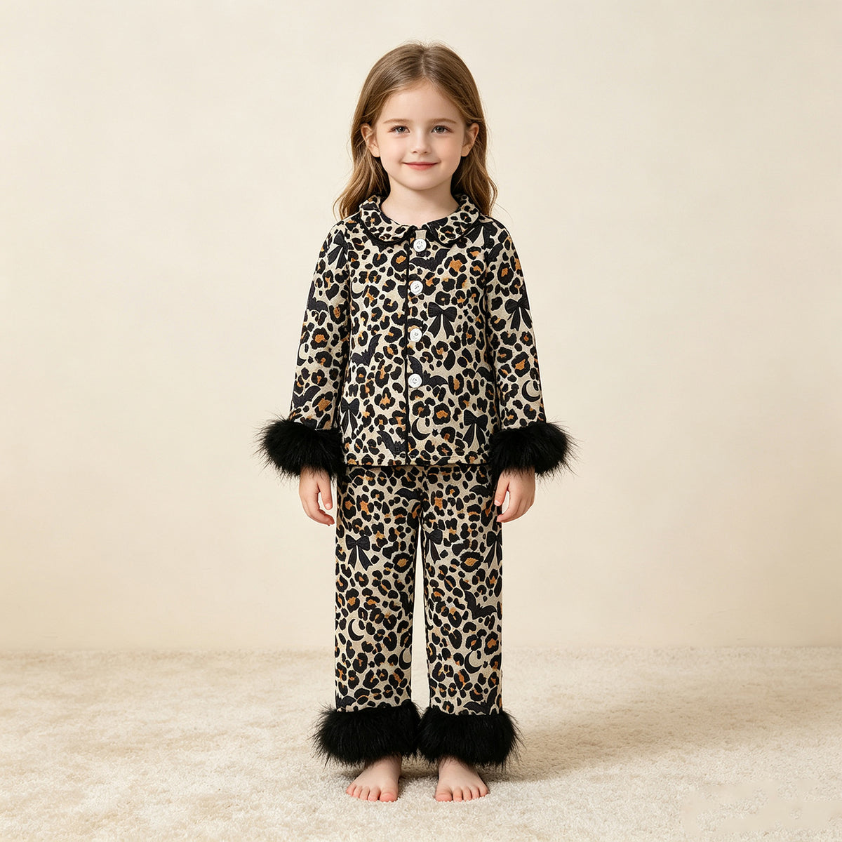 (SaNEW RTS NO MOQ milk silk GLP3640 Baby Girls Leopard Bats Button Top Pant Fur Sleeves Halloween Pajamas Holiday Set